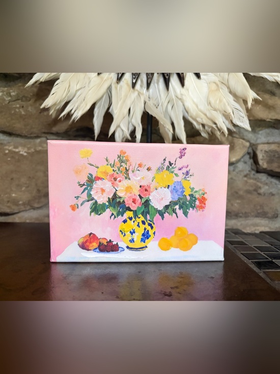 Raz Imports Other - Raz Imports Floral Still Life Canvas Art - Yellow Blue Vase on Pink 6” x 4”